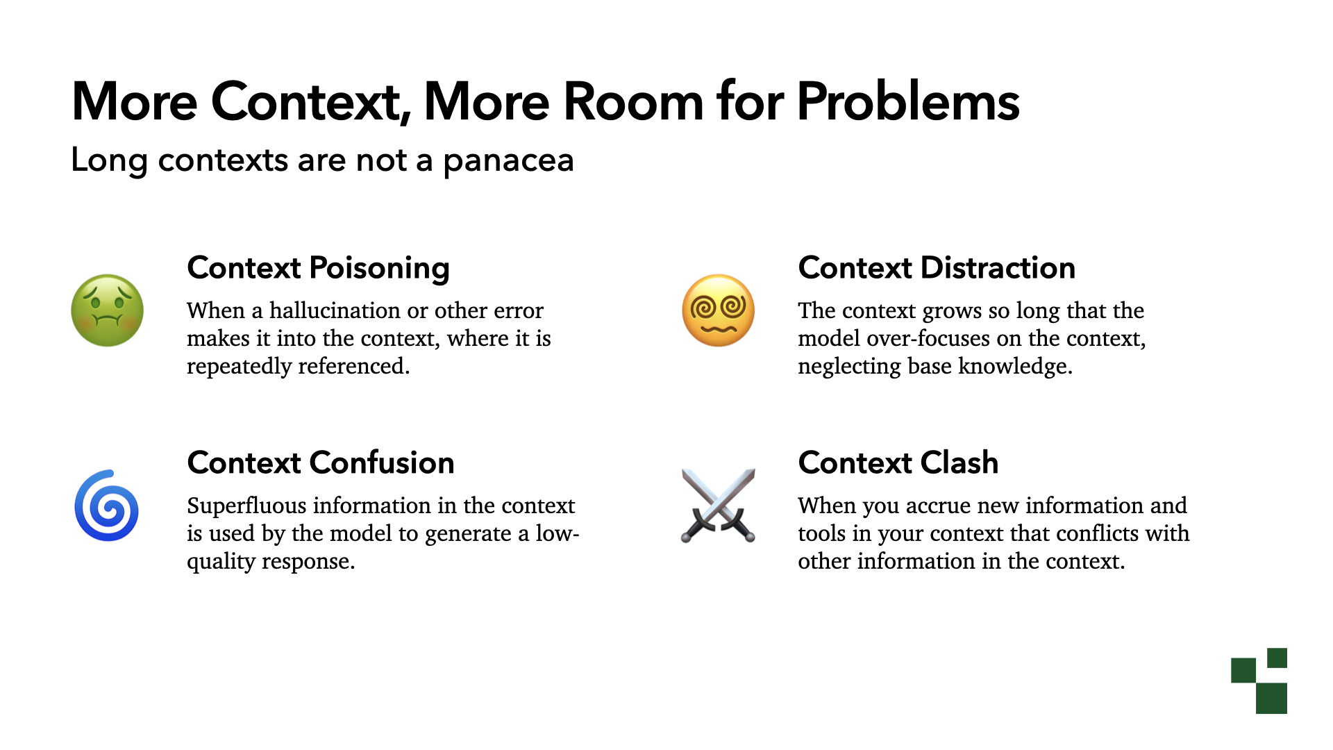 More Context, More Room for Problems: the four context failure modes, with Context Distraction highlighted. The context grows so long that the model over-focuses on the context, neglecting base knowledge.