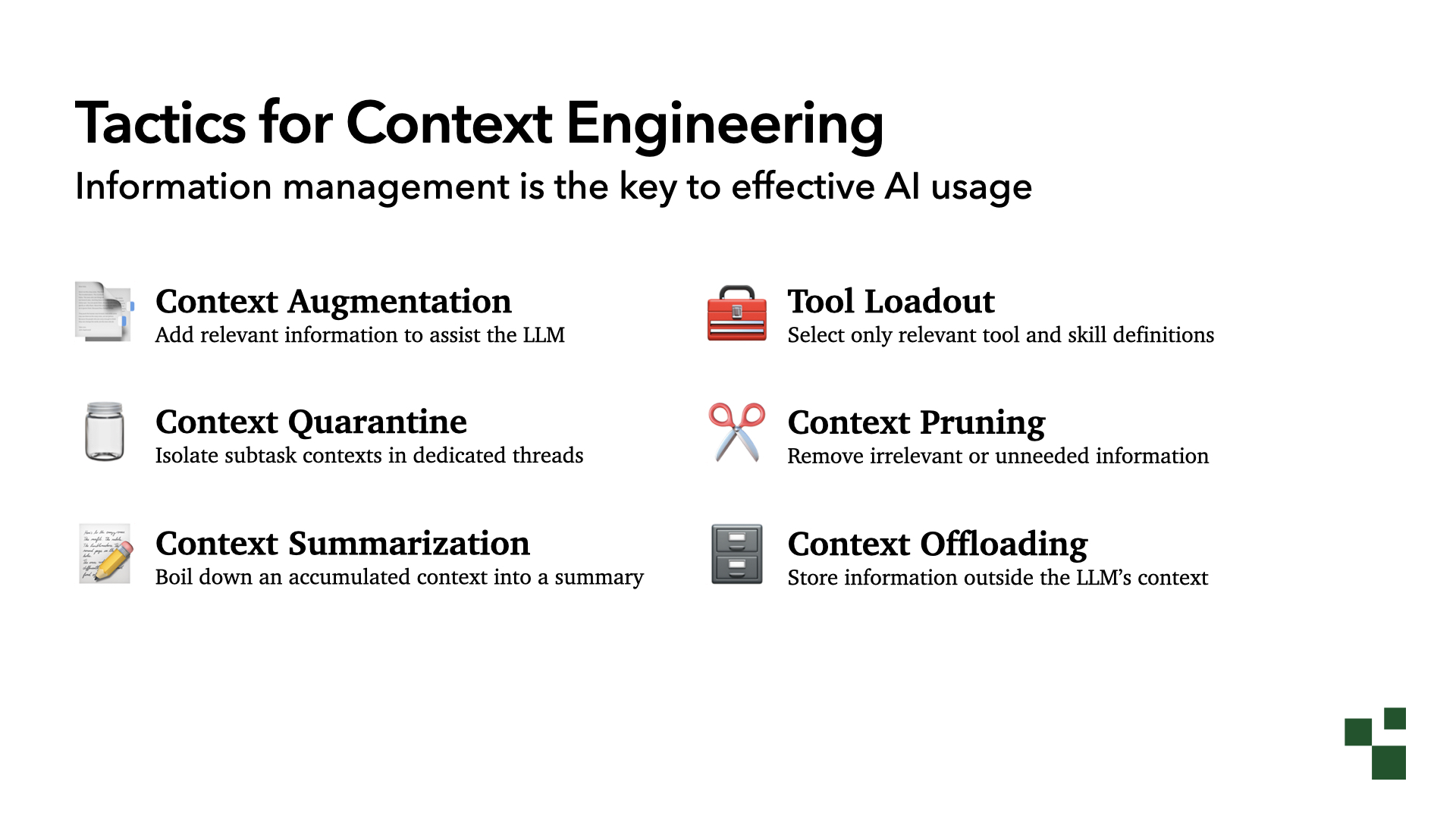 Tactics for Context Engineering: information management is the key to effective AI usage. Six tactics: Context Augmentation, Tool Loadout, Context Quarantine, Context Pruning, Context Summarization, and Context Offloading.