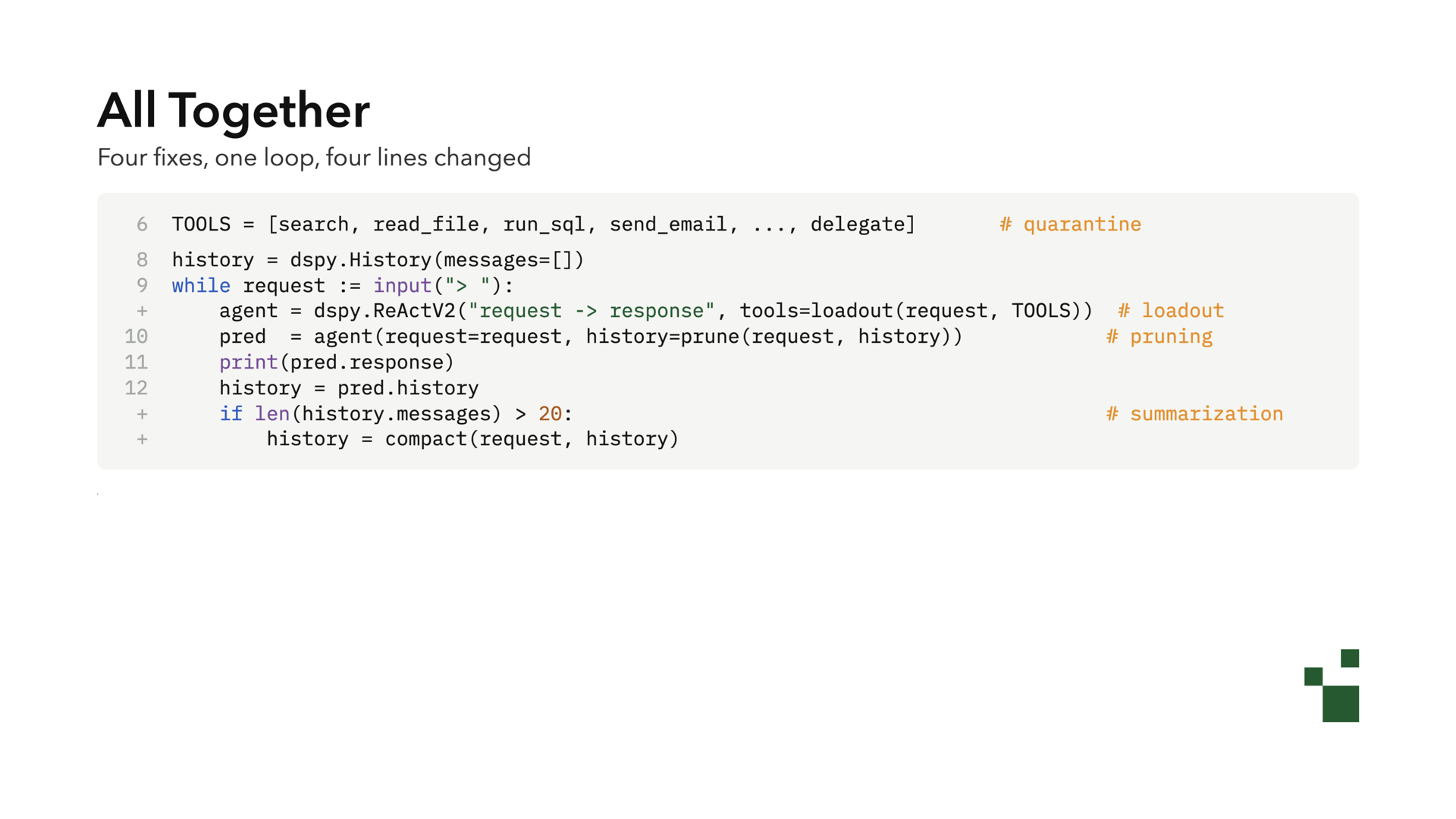 All Together: four fixes, one loop, four lines changed. The agent loop with quarantine, loadout, pruning, and summarization each added with a single line.
