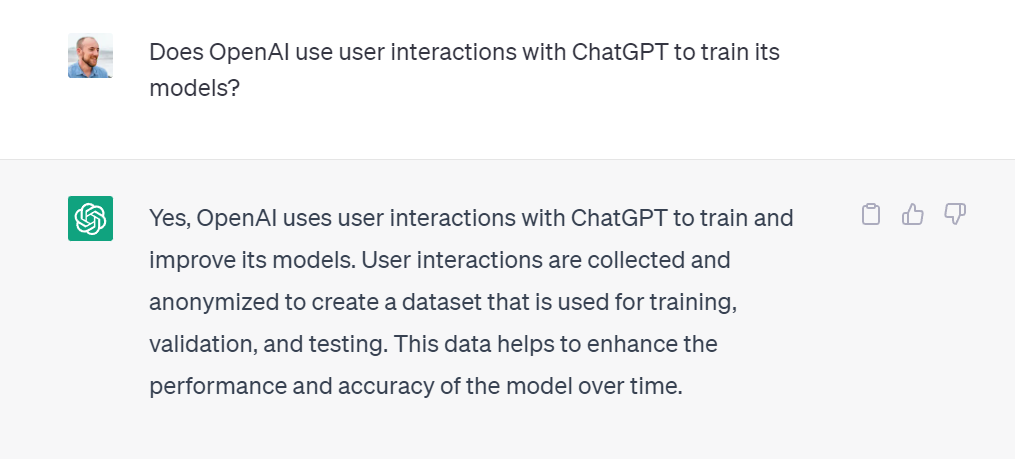 An example promt and response in ChatGPT, showing the thumbs up and thumbs down feedback buttons.