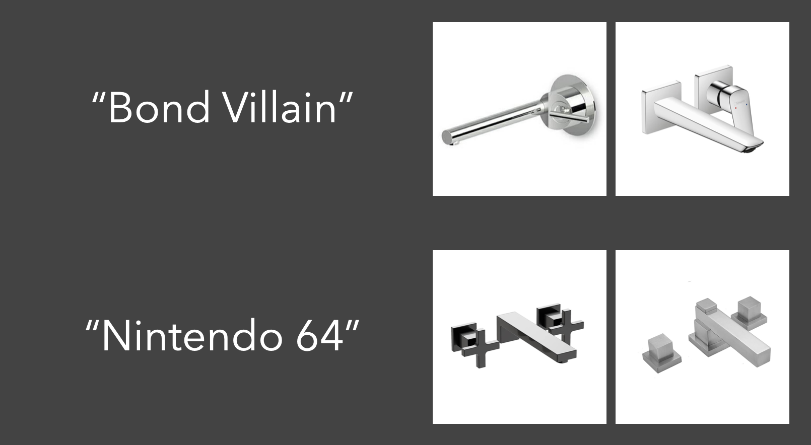 Faucets similar to "Bond Villain" and "Nintendo 64"