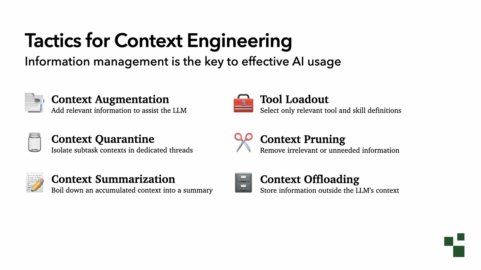 Tactics for Context Engineering: information management is the key to effective AI usage. Six tactics: Context Augmentation, Tool Loadout, Context Quarantine, Context Pruning, Context Summarization, and Context Offloading.