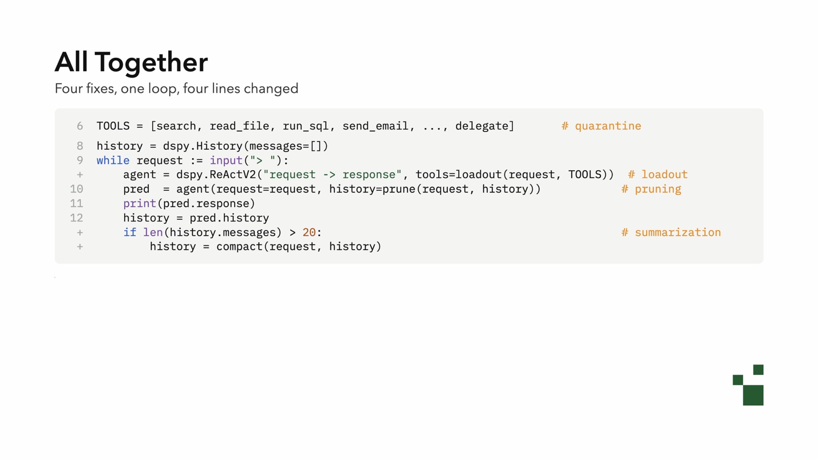 All Together: four fixes, one loop, four lines changed. The agent loop with quarantine, loadout, pruning, and summarization each added with a single line.