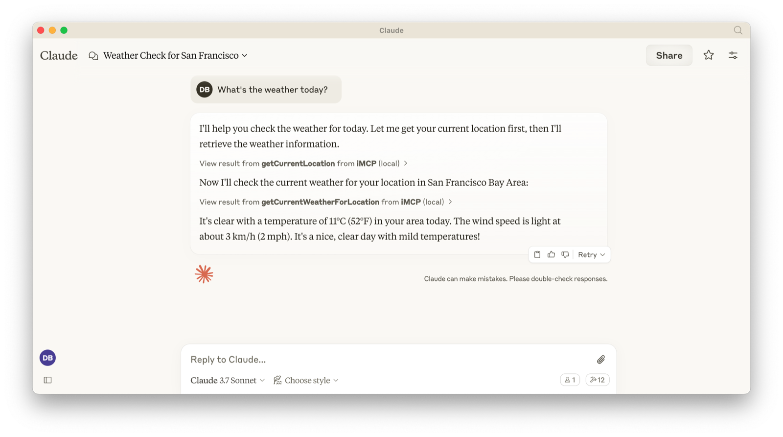 Claude Desktop calls out ot iMCP to get my location, then weather.