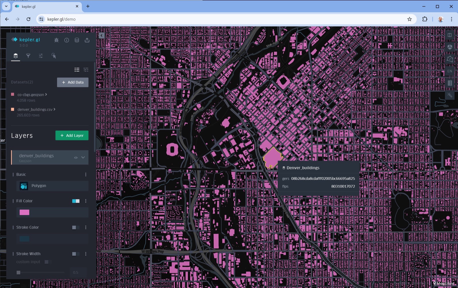 Overture Buildings in Denver, enriched with FIPS