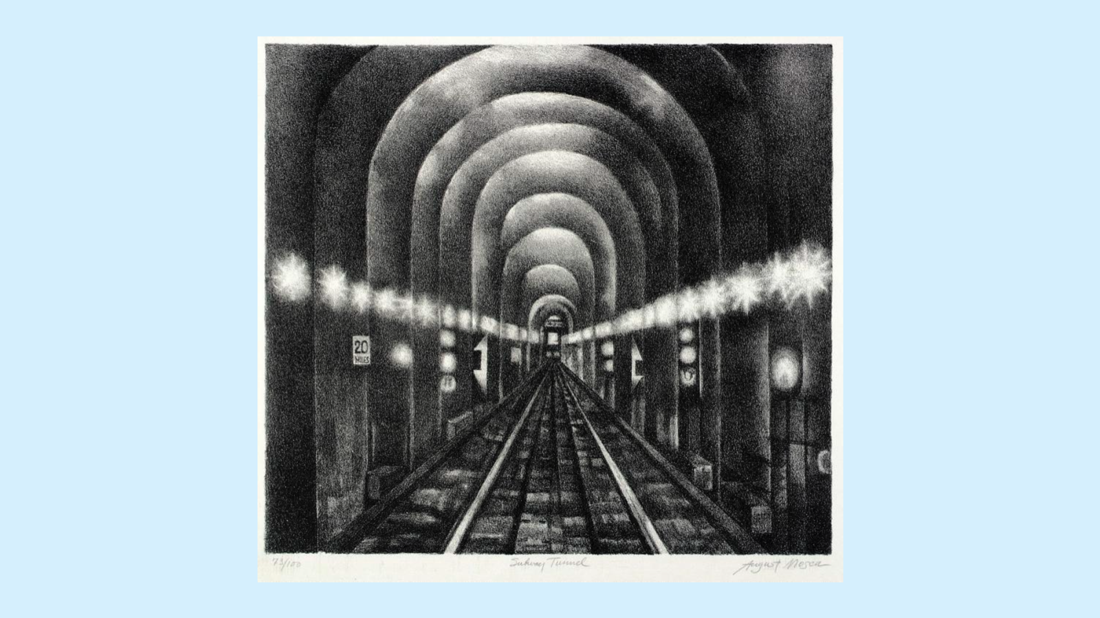 August Mosca's lithograph Subway Tunnel, showing train tracks receding into a long arched tunnel